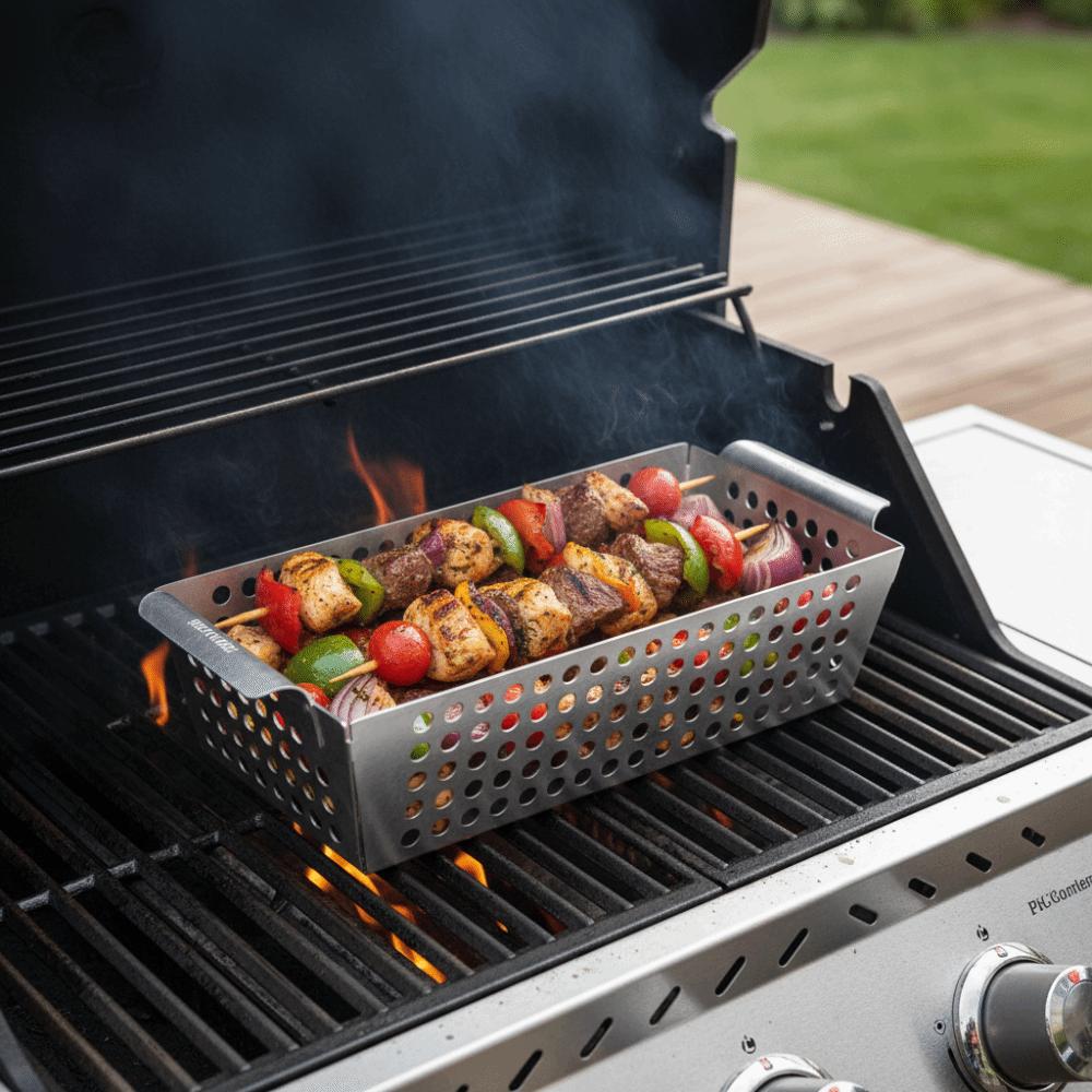 Stainless Steel Vegetable Grill Basket Double Handle Leakage Hole Design Grilling Plate Reusable Rectangular