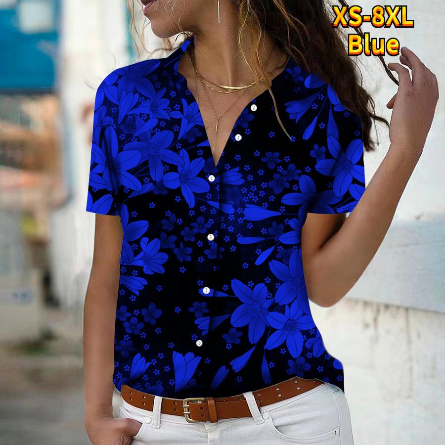 2025 Sommer Ny Mote Dame Blomsterprint Kortermet V-hals Casual Knappedown Skjorte Topp