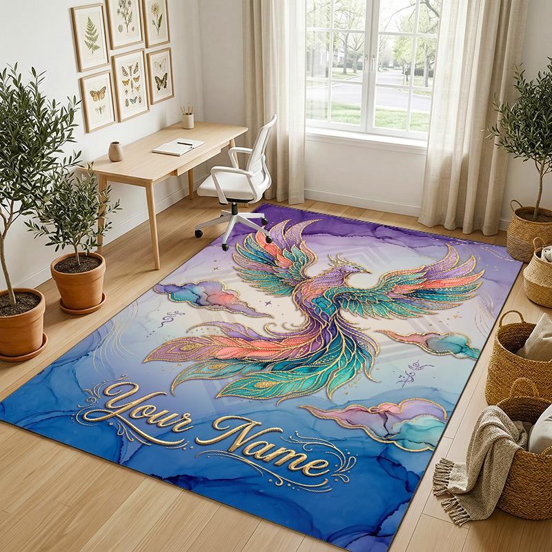 Dragon Phoenix Theme Crystal Velvet Rug Personalized Custom Name Text Soft Floor Mat Home Decor