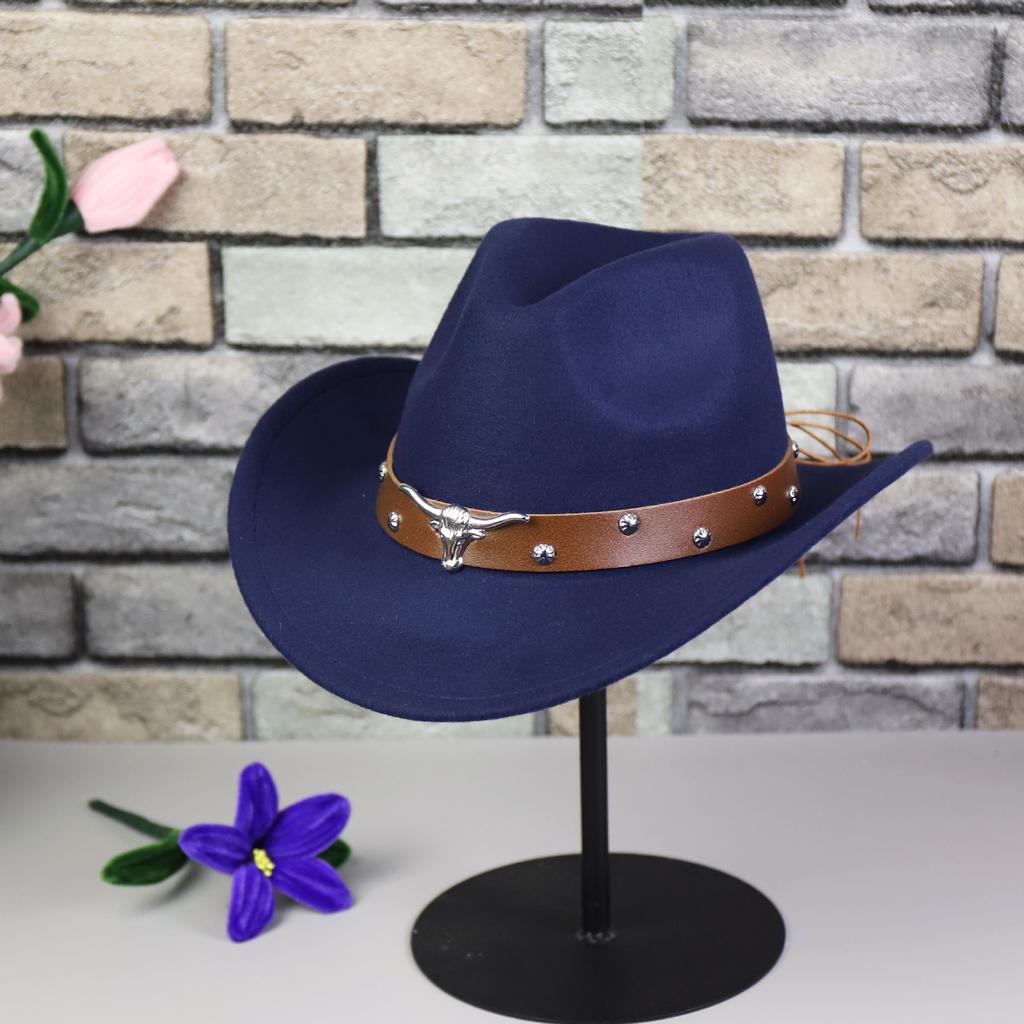 Hot-selling autumn and winter woolen felt hat men's and women's curved-brimmed jazz hat fashion bull's head accessories Tibetan denim top hat