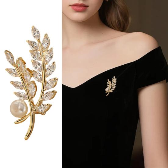 Women Brooch Sparkling Cubic Zirconia Wheat Ear Design Suit Lapel Badge with Imitation Pearls Scarves Dresses Accessories