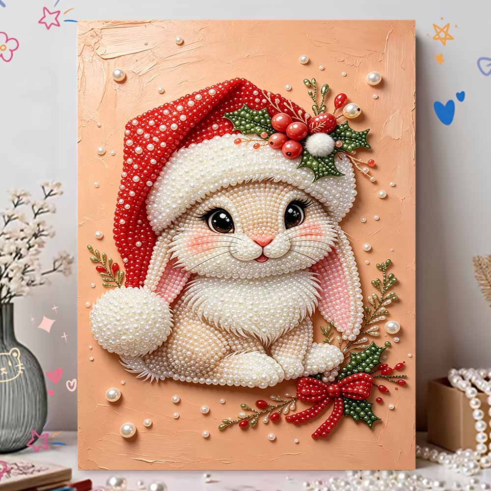DIY Pearl Bead Painting Kit Adorable Bunny Christmas Stress Relief Craft Frameless 3D Canvas Art for Adults Home Decoration Gift