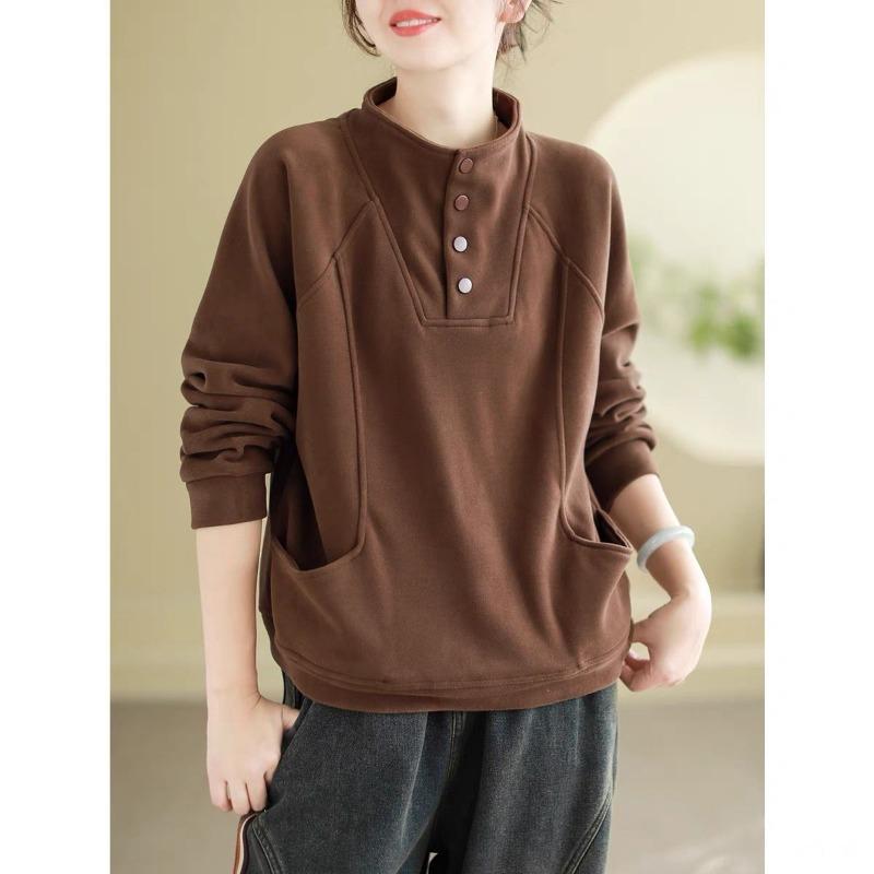New Half-high Neck Button Warm Sweatshirt for Women with Loose Flesh Covering Versatile Design Pocket Splicing Top Trendy