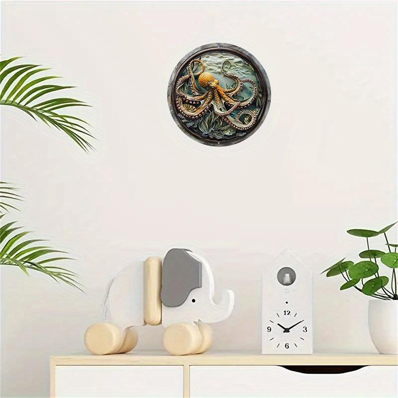 Round wooden Mark Colored Plastic Window Hanging, Embossed, Octopus Pattern for Home, Office, Wall Decoration Art