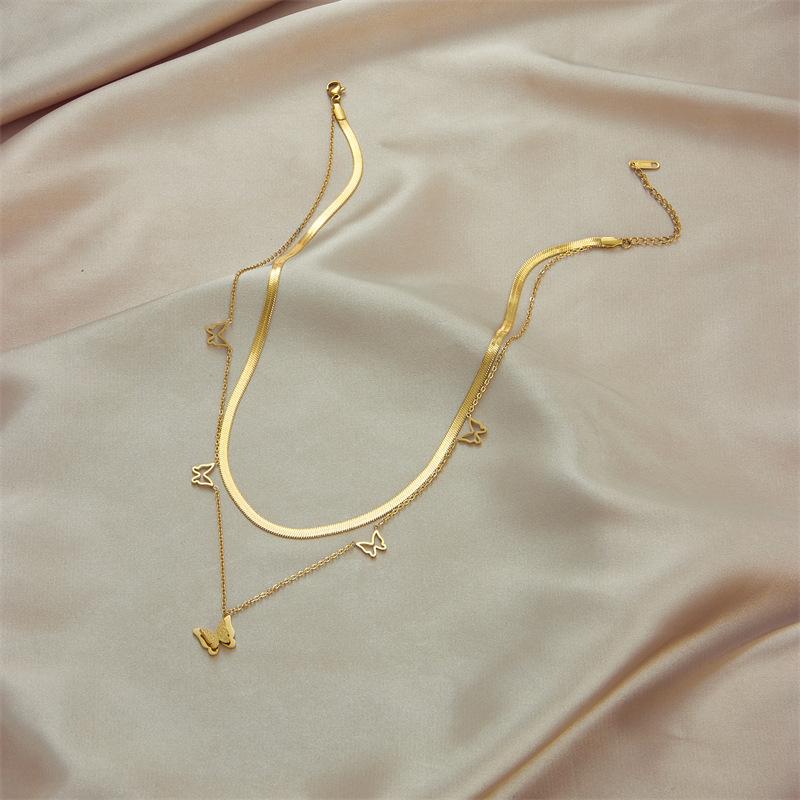 Gold Double-layer Snake Chain Butterfly Charm Y-drop Necklace