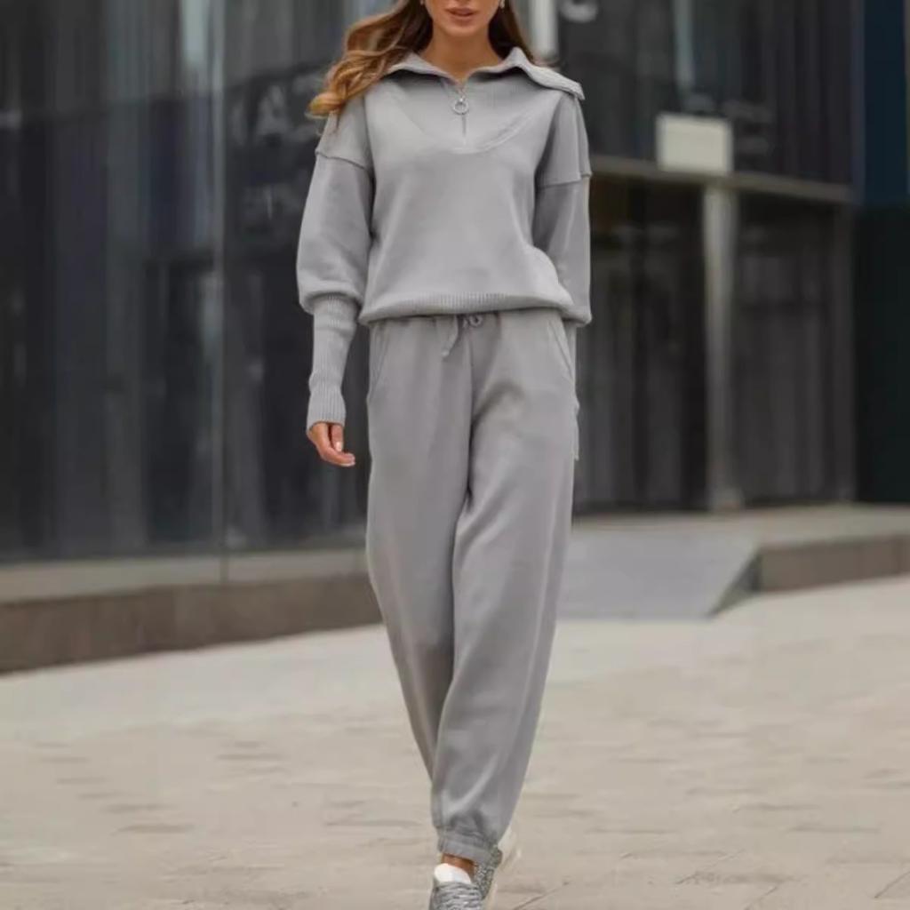 Women's Fall/Winter Elegant Casual Solid-Color Two-Piece Set: Half-Zip Sweatshirt + Sweatpants