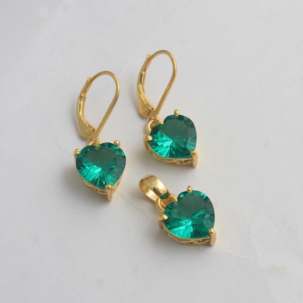 Yellow Gold Plated Green Zircon Heart Pendant Earring Set 925 Sterling Silver Women Jewelry