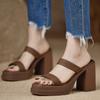 2025 spring and summer new leather one-word thick heel open toe super high heel white waterproof table cool slippers versatile sandals
