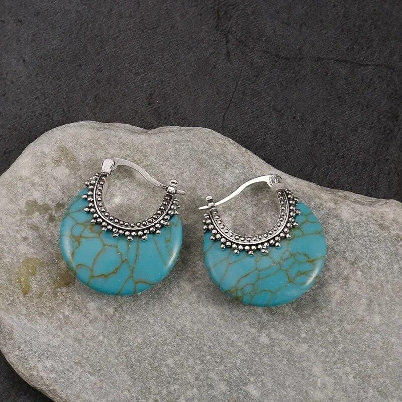 New Boho Triangle Geometric Earrings Vintage Silver Color Natural Stone Drop Dangle Earrings Accessories Jewelry