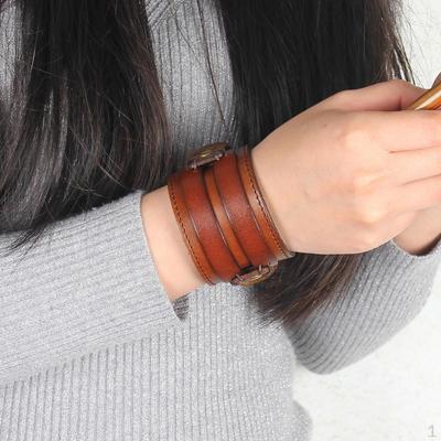 Button PU Leather Bracelet Cuff Wristband for Men Women Punk Jewelry