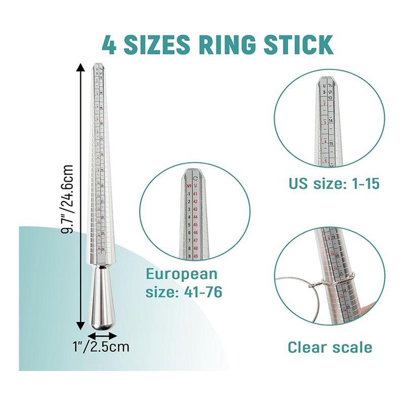 A74E-Ring Sizer Measuring Tool Ring Mandrel Steel Ring Measurer And Ring Sizer Rubber Jeweler's Mallet Hammer, Finger Stick