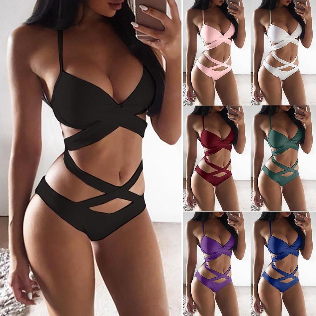 Premium Quality Five Colors Summer Sexy Women Bandage Cross Push-up Bikini Set Bathing Suit