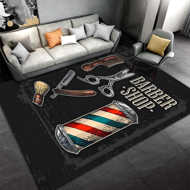 Barber Shop Theme Carpet with Scissors, Razor and Brush Design, Black Suitable for Use As an Anti-slip for Living Room Bedroom Sofas