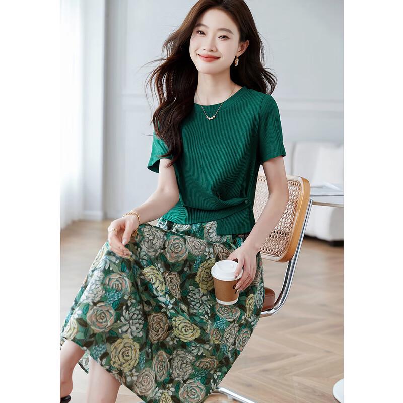 Shangjing Women's Summer Knit T-shirt & Rose Print Skirt Set