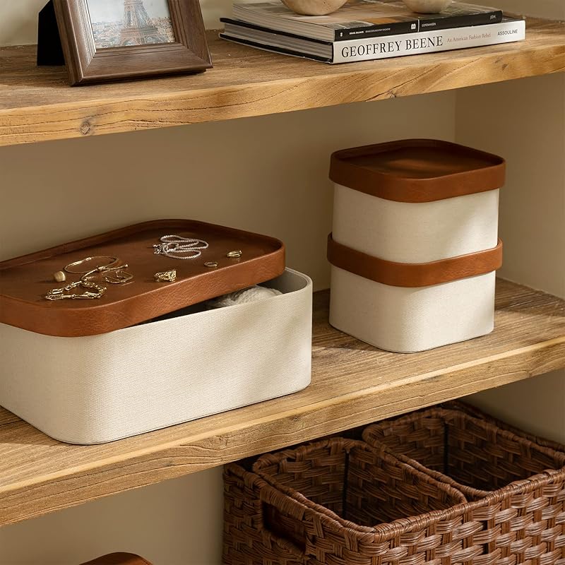 Beige Decorative Storage Boxes With Lids, Storage Baskets with Leather-Like Lids, Sturdy Stackable Paper Boxes Decorativ Set 3