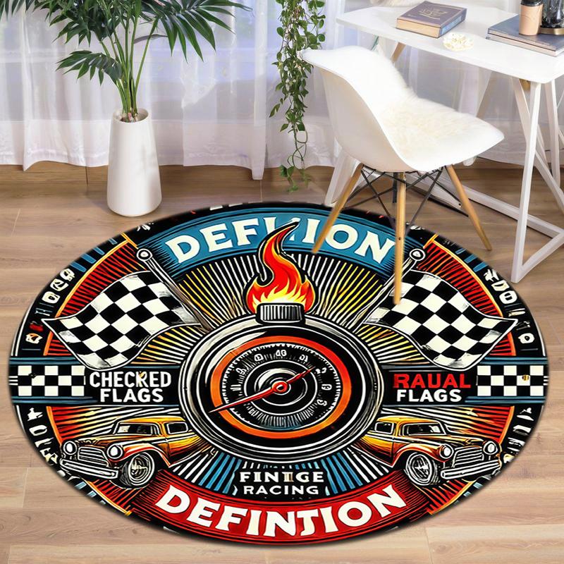 

Racing Checkered Flag Round Floor Mat, Industrial Mechanic Style Non-Slip Rug, Washable Desk Chair Protector for Home Office Diameter 60cm