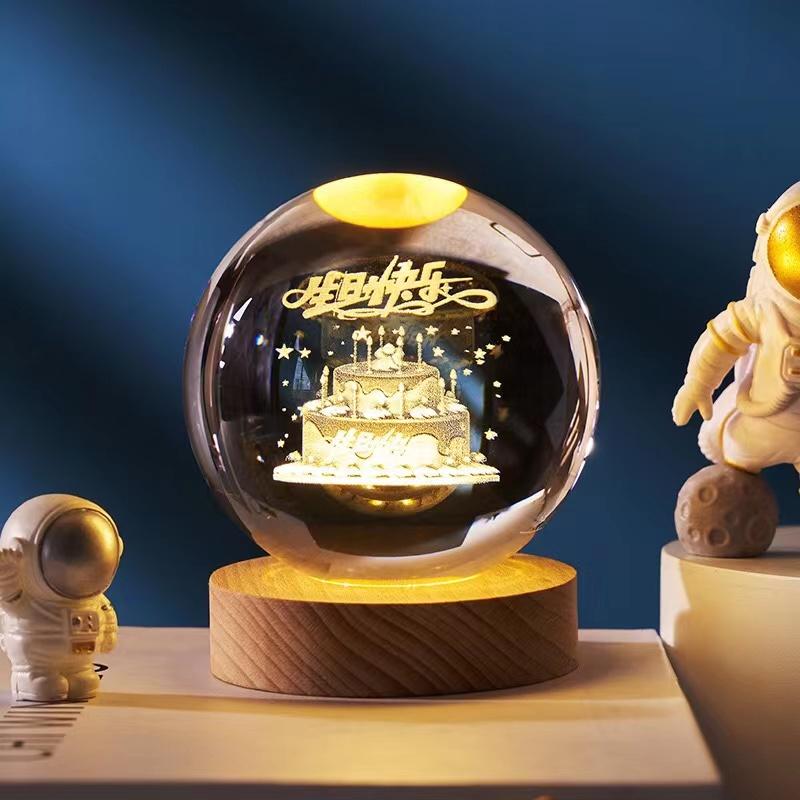 Crystal Ball With Wood Stand Laser Engraved 6CM Glass LED Crystal Ball Souvenir Gifts Home Decor Star Moon Night Light