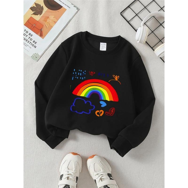 Kids Unisex Crewneck Sweatshirt, Kids Hand Drawn Rainbow Cloud Hearts Doodle Print Soft Fleece Pullover For Kids Over 4 Years Old