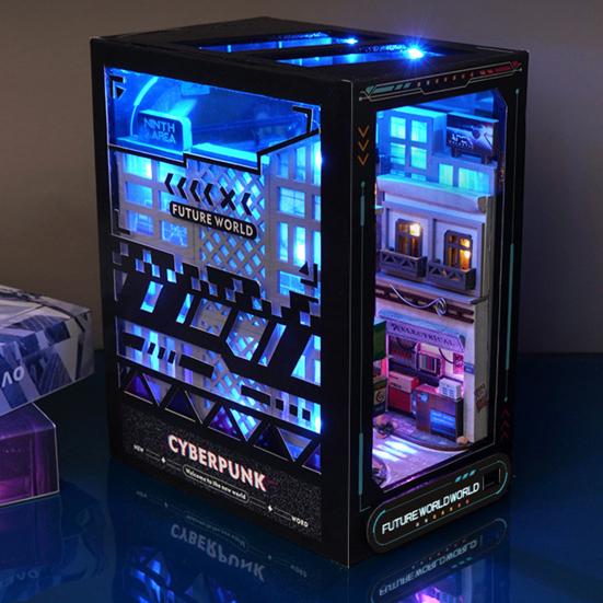 DIY Book Nook Kit with Light Cyberpunk 3D Street View Model Miniature House Insert Decoration Future World Puzzle Building
