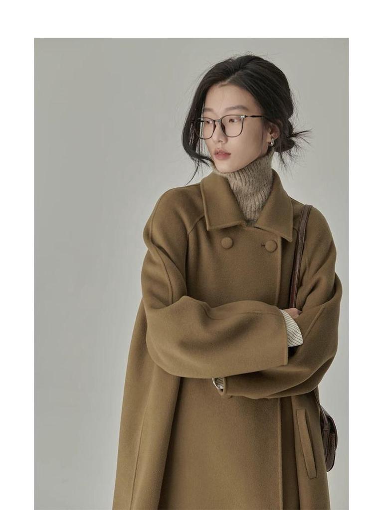 2024 Damen Mittellanger Wollmantel: Hepburn-Stil, verdicktes japanisches Design für Herbst & Winter