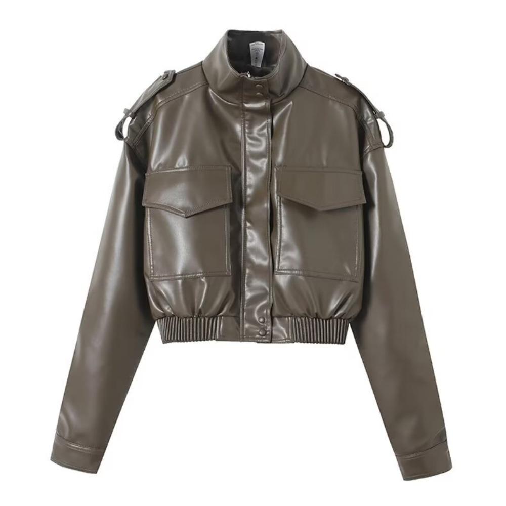 Giacca Corta da Donna con Collo Alto e Maniche Lunghe in Ecopelle PU Vestibilità Slim Chiusura con Zip Tasche Cargo Giubbotto Moto Bomber Capospalla Autunnale