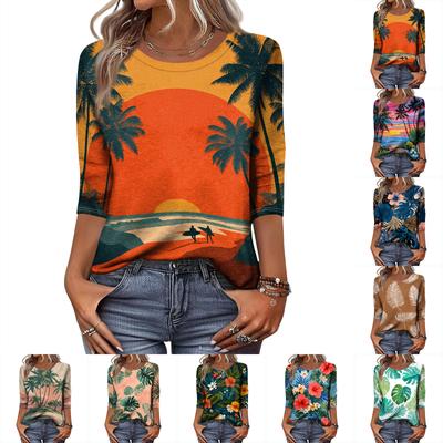 Damska Modna Casualowa Okrągły Dekolt Rękaw Trzy Czwarty Hawajski Nadruk T-shirt Top