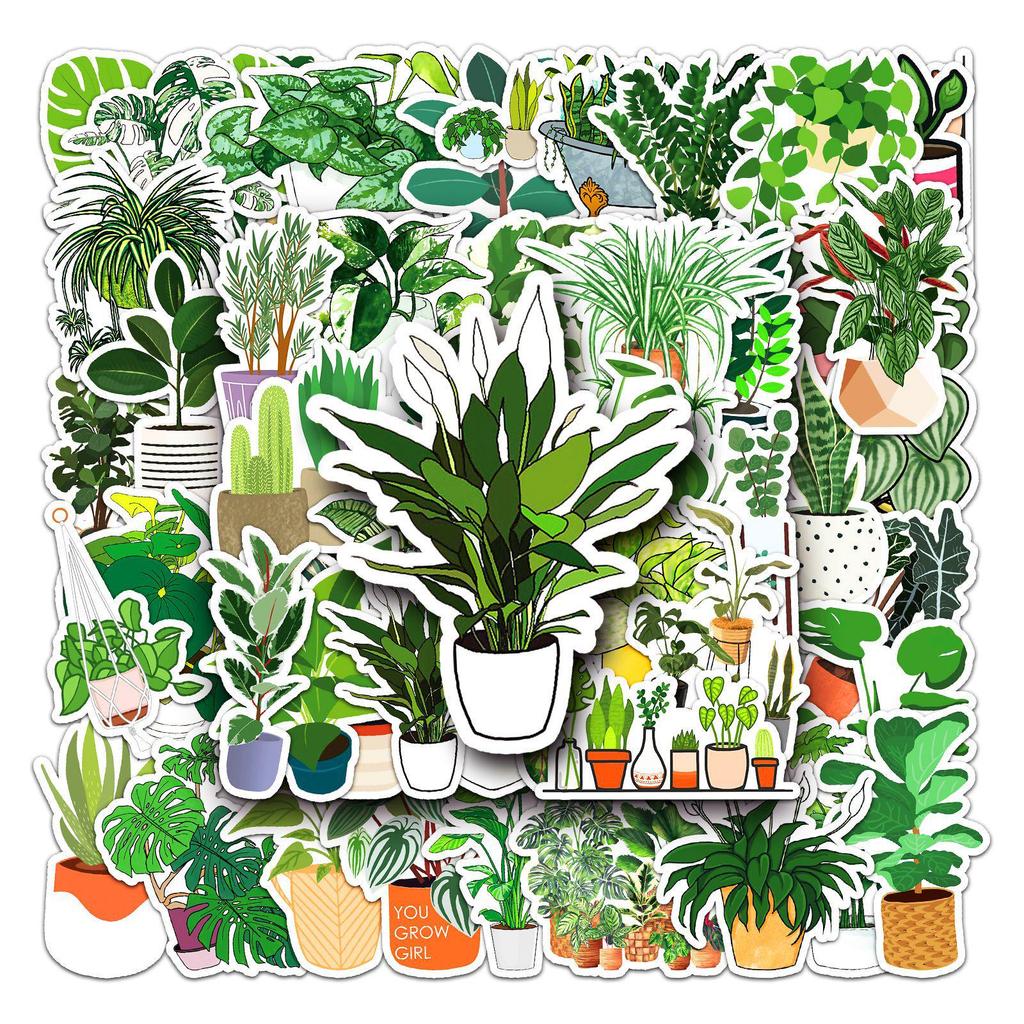 50 Green Plant Stickers: Cartoon-Style for Suitcases, Laptops, Cars, and More