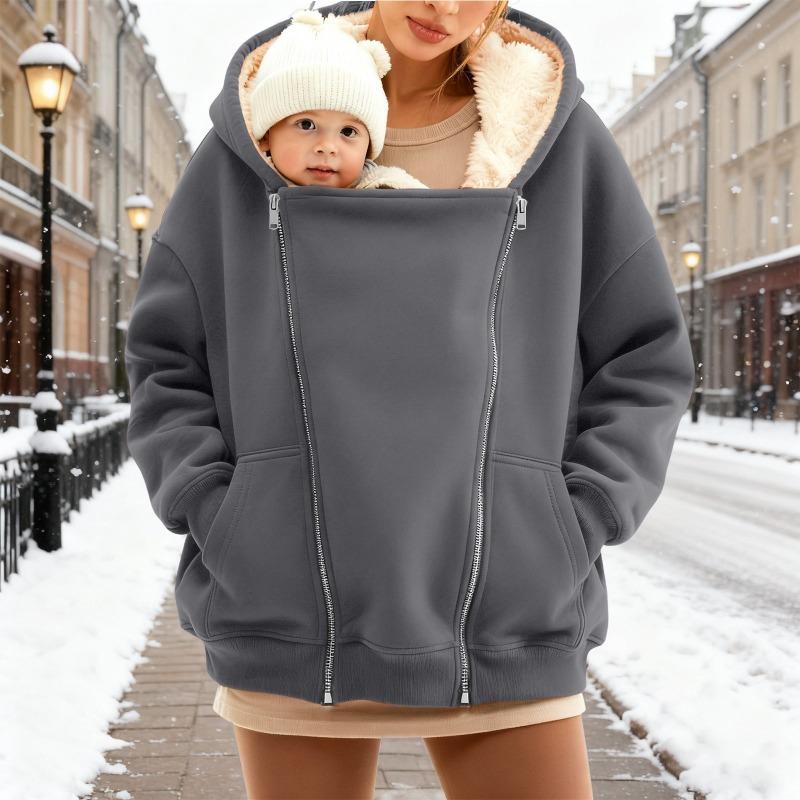 Women's Winter Maternity Baby Carrier Hoodie Fleece Lined Zip Up Kangaroo Pocket Jacket