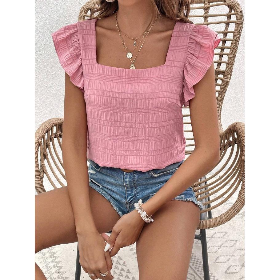 Damen T-Shirt Sommer Casual Kurzarm Frühling und Sommer Neu Eckiger Kragen Rüschenhemd Top