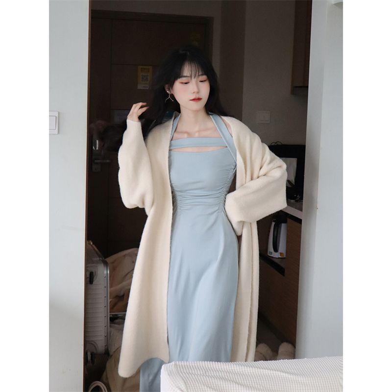 Fashion Sexy Babes One-word Shoulder Neck Long-sleeved Dress Women's Spring New Slim-fit Stacked Inside Long Skirt