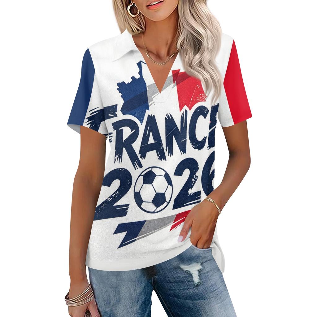 Women's Casual V Neck Short Sleeve T Shirt World Cup Print Polo Style Top Lightweight Comfortable Fit