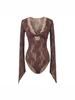 Women's Lace Cutout Mesh Bodysuit Top - Long Sleeve, Waist-Cinching, Sexy Design for Spring and Autumn