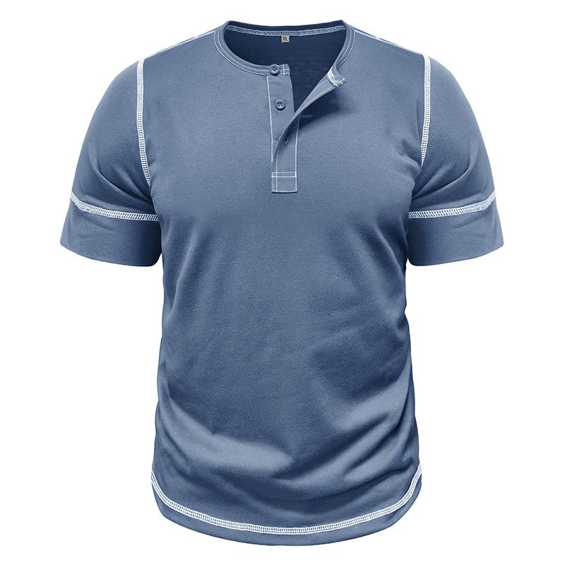 Europeisk och amerikansk stil herr sommar Henry-skjorta kortärmad färgblockerad t-shirt med knappar rund hals topp