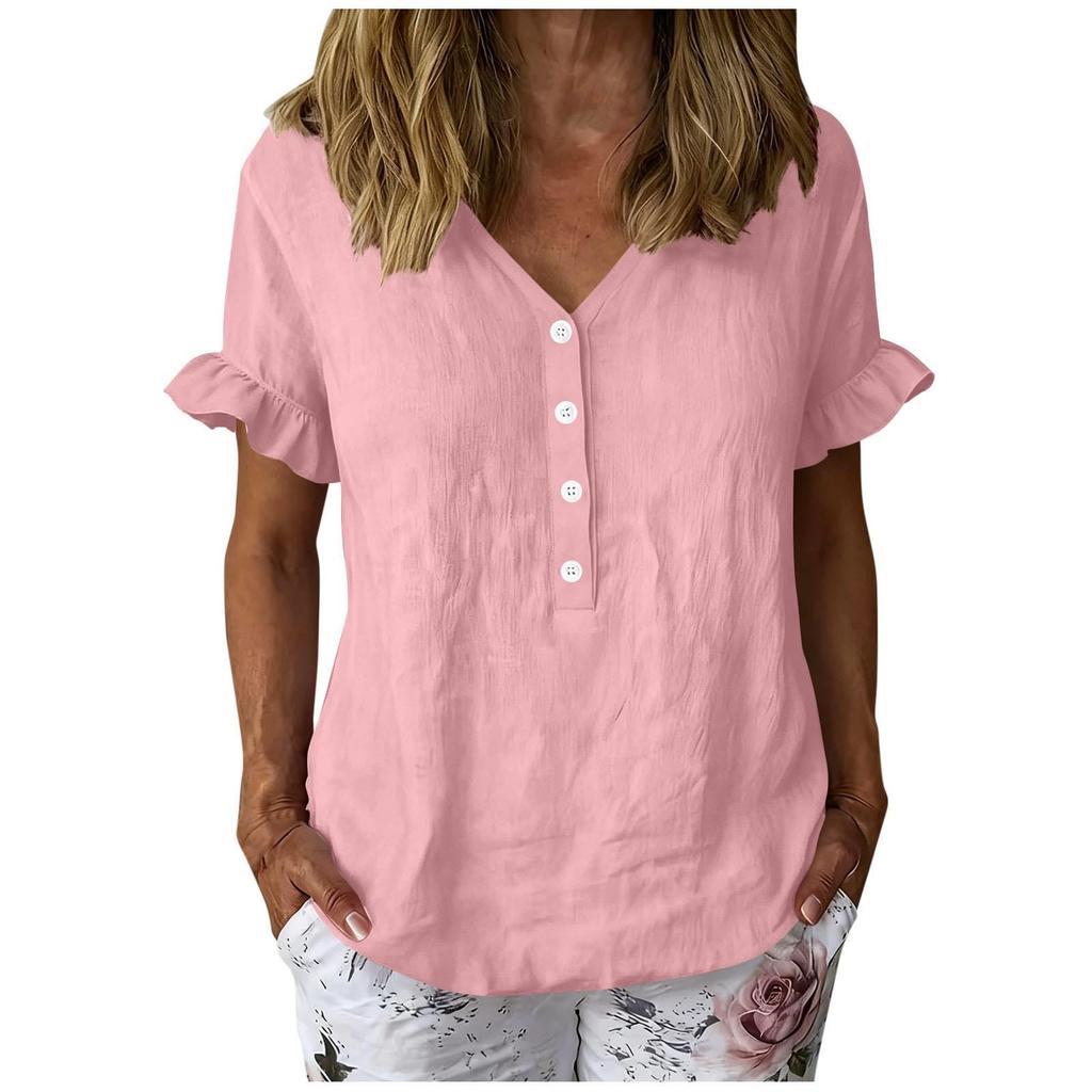 Women’s Casual Button Front Ruffle Sleeve Shirt Loose Fit Cotton Linen Blouse Relaxed Fit V Neck Top for Daily Wear