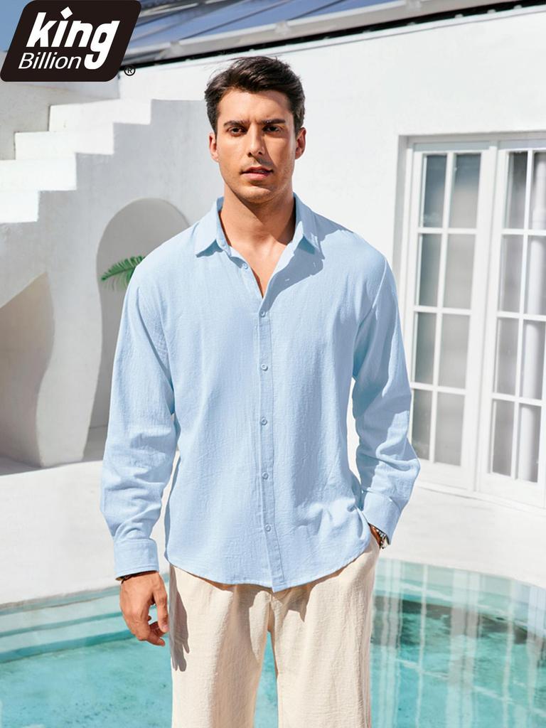 Spring Summer Men's Cotton Linen Shirt Long Sleeve Solid Color Casual Vacation Beach Lightweight Cozy Shirt