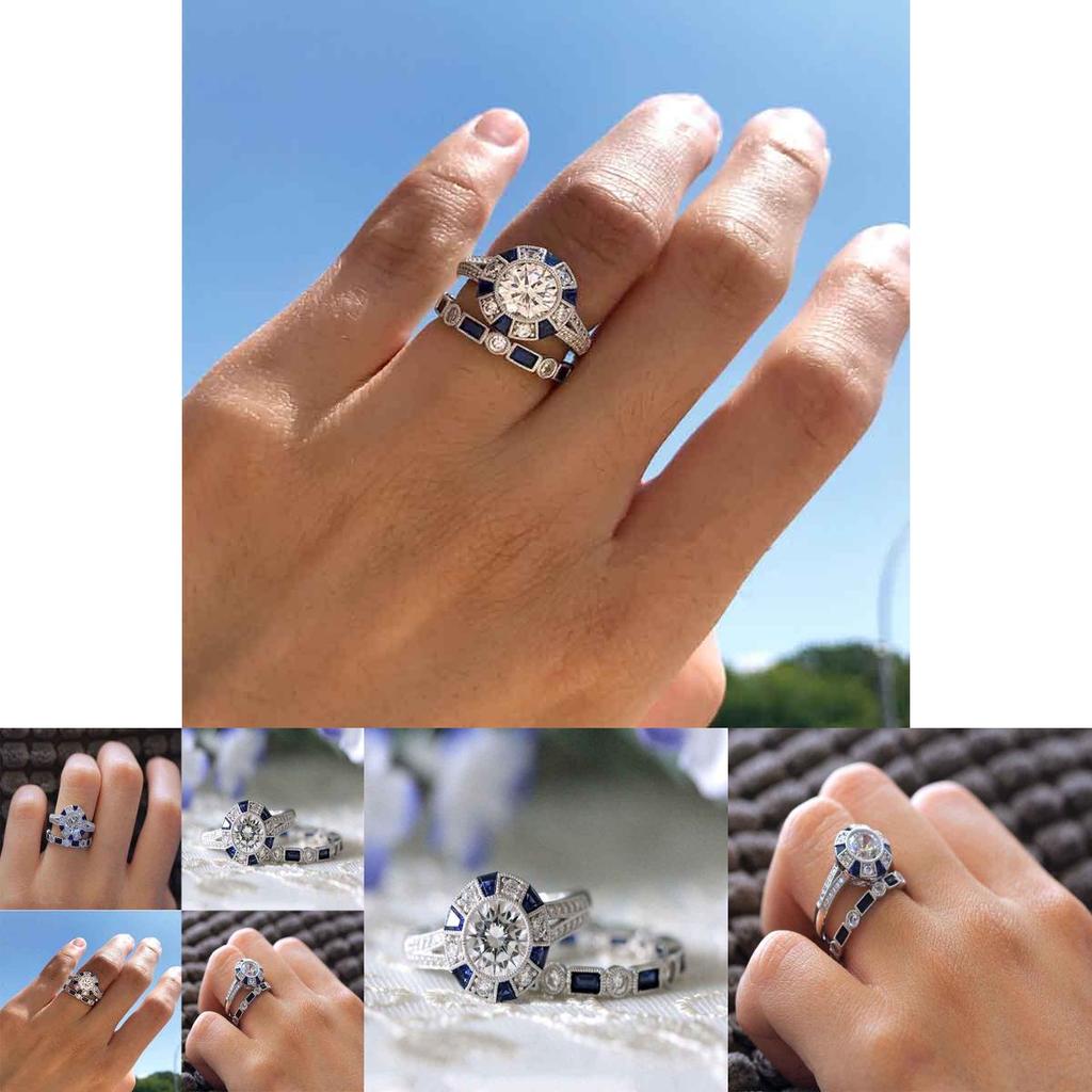Stunning Geometry-inspired Silver Plated Blue Sapphire And Topaz Wedding Ring Set