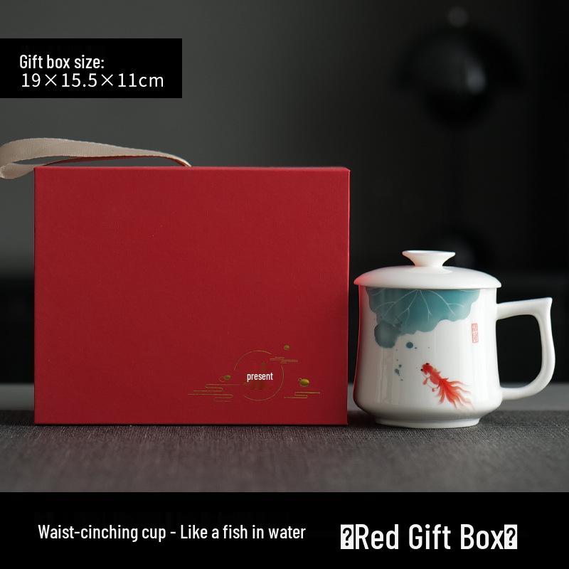 Jade Conference Sheep Fat Porcelain Tea Cup with Lid – White Ceramic Mug for Home and Office, Ideal Gift