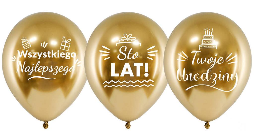 Balony Lateksowe Urodzinowe Złote Chrome Sto Lat, 30Cm, 10 Szt.