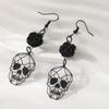 Gothic Punk Skull Rose Flower Drop Earrings, Statement Halloween Jewelry