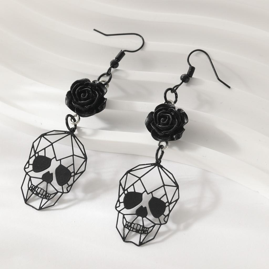Gothic Punk Skull Rose Flower Drop Earrings, Statement Halloween Jewelry