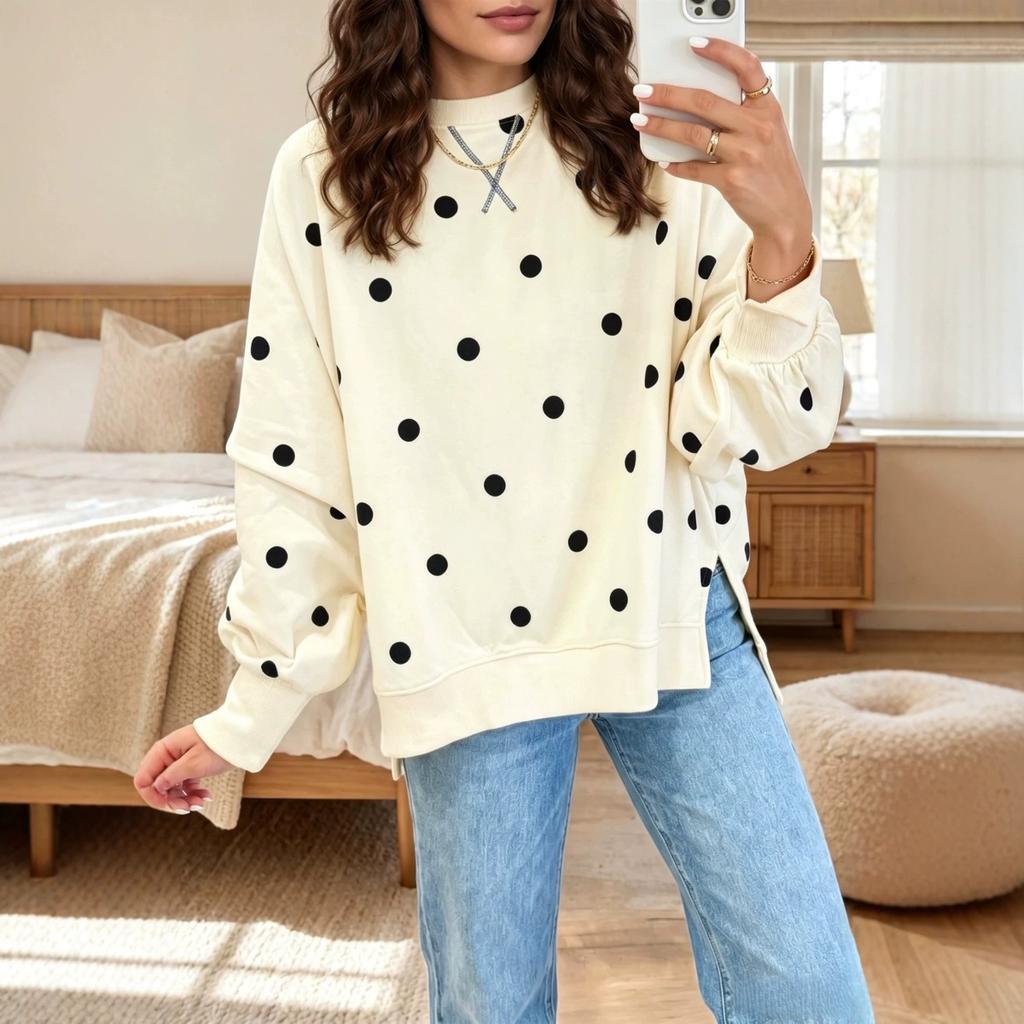Felpa oversize da donna Autunno Inverno, Stampa Pois Blocco Colore, Top Casual Moda Transfrontaliera