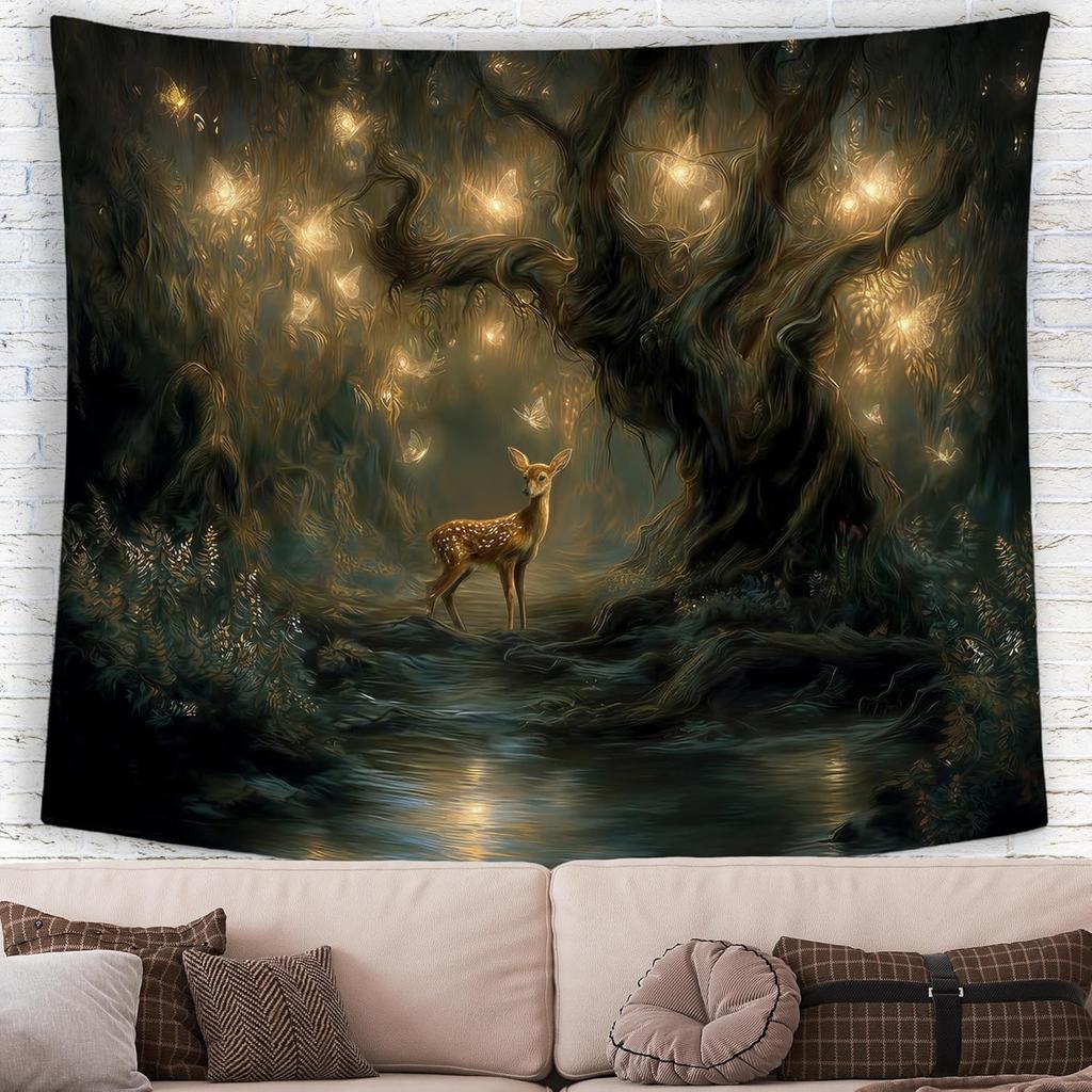 Magical Forest Deer Fawn Wall Tapestry Hanging for Bedroom, Fairy Light Willow Banner Tapestries, Mystical Fantasy Nature