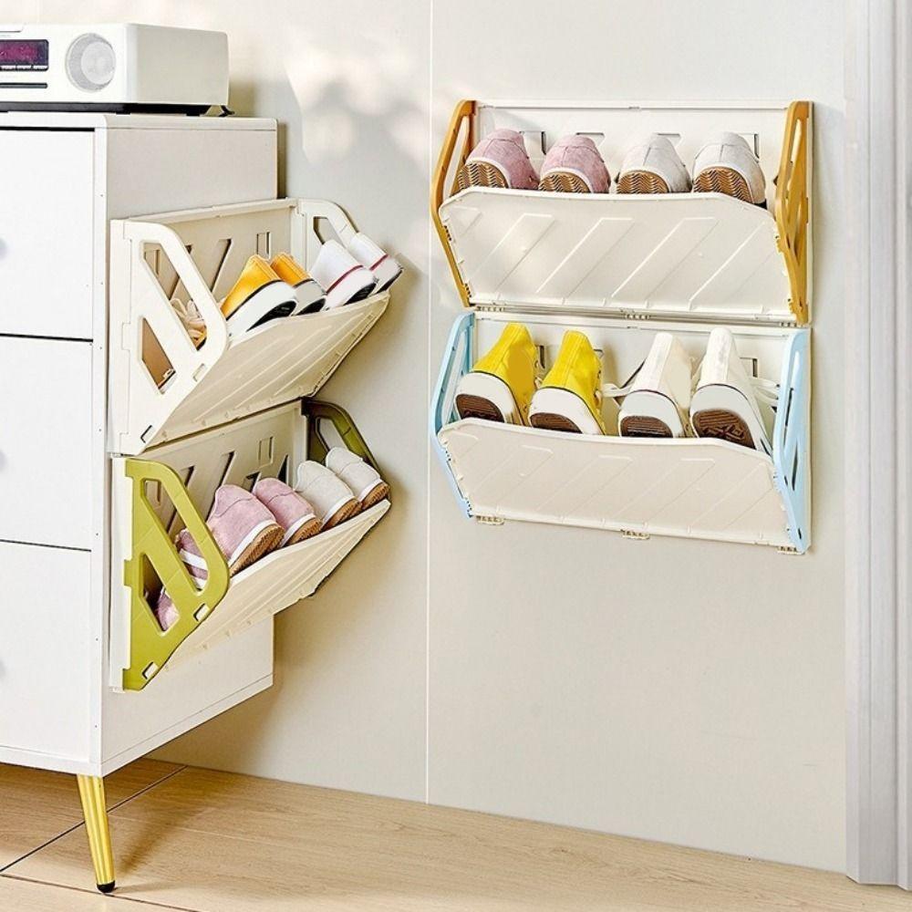 Easy Assembly Plastic Folding Shoe Rack Large Capacity Space Saving Wall-Mounted Shoe Rack No Punching Slipper Rack Closet