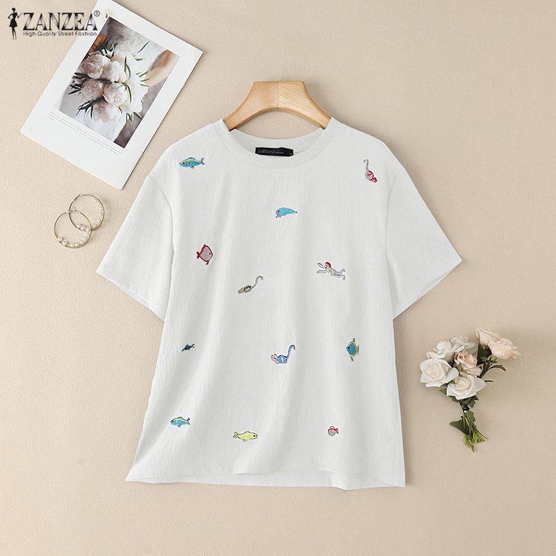 ZANZEA Women Casual Round Neck Summer Print Loose Short Sleeve Blouse