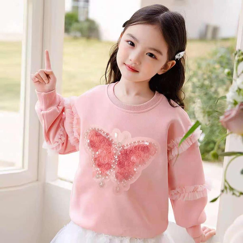 Girls' Butterfly Sequin Hoodie - Long Sleeve Mesh Top for Spring/Autumn (2026 Collection)
