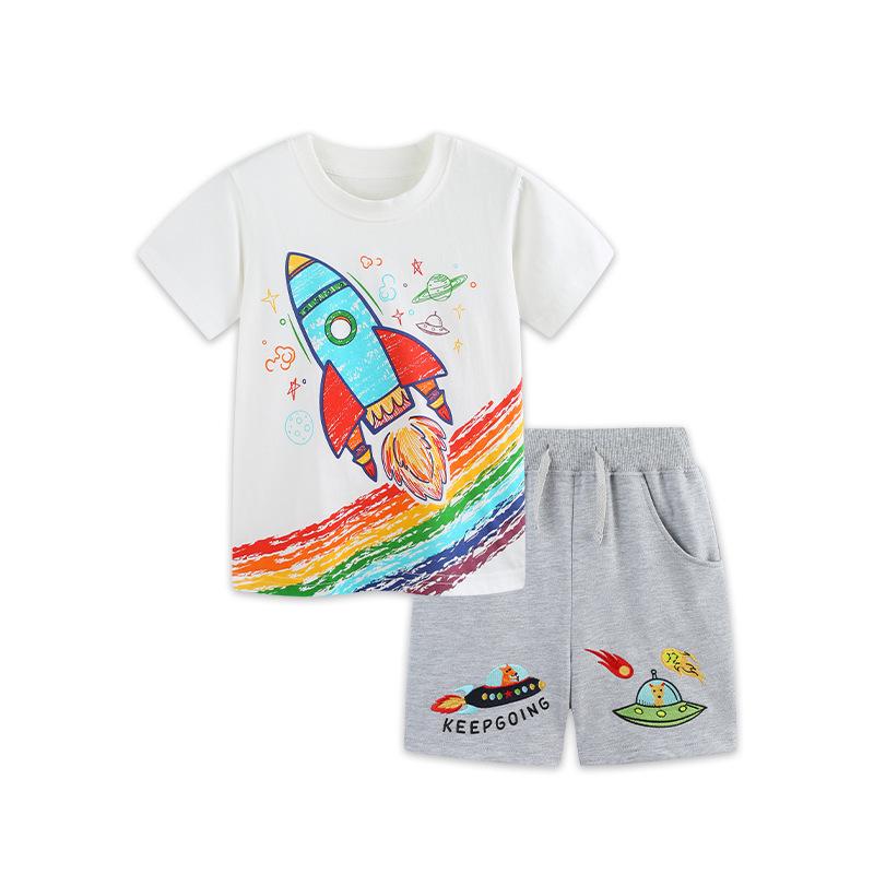 European Cartoon Rocket T-Shirt & Shorts Set for Boys - Summer New Collection 7Y