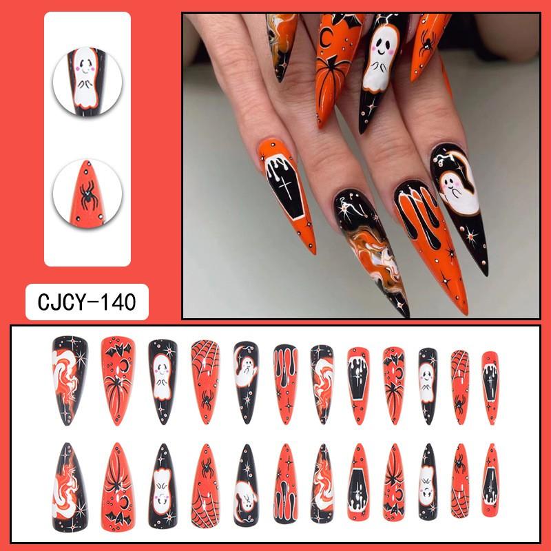 Halloween Nail Art Tips With Spiderweb Ghost Bat Blood Drop Design - Press-On Nails Gel Adhesive Jelly Glue Options