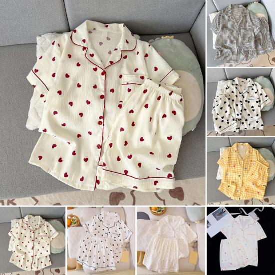 2-teiliges Damen-Pyjama-Set Herzstreifen Kurzarm Knopfleiste Elastischer Bund Lockere kurze Hose Sommer Nachtwäsche Loungewear