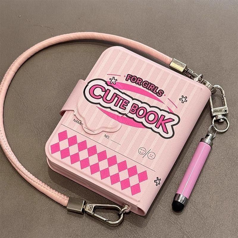 

Милый чехол-книжка для Samsung Z Flip6 5/OPPO Find N3 Flip N2flip/Xiaomi, чехол-флип, розовая кожаная обложка, стилус, ремешок на руку For Huawei Pocket 2