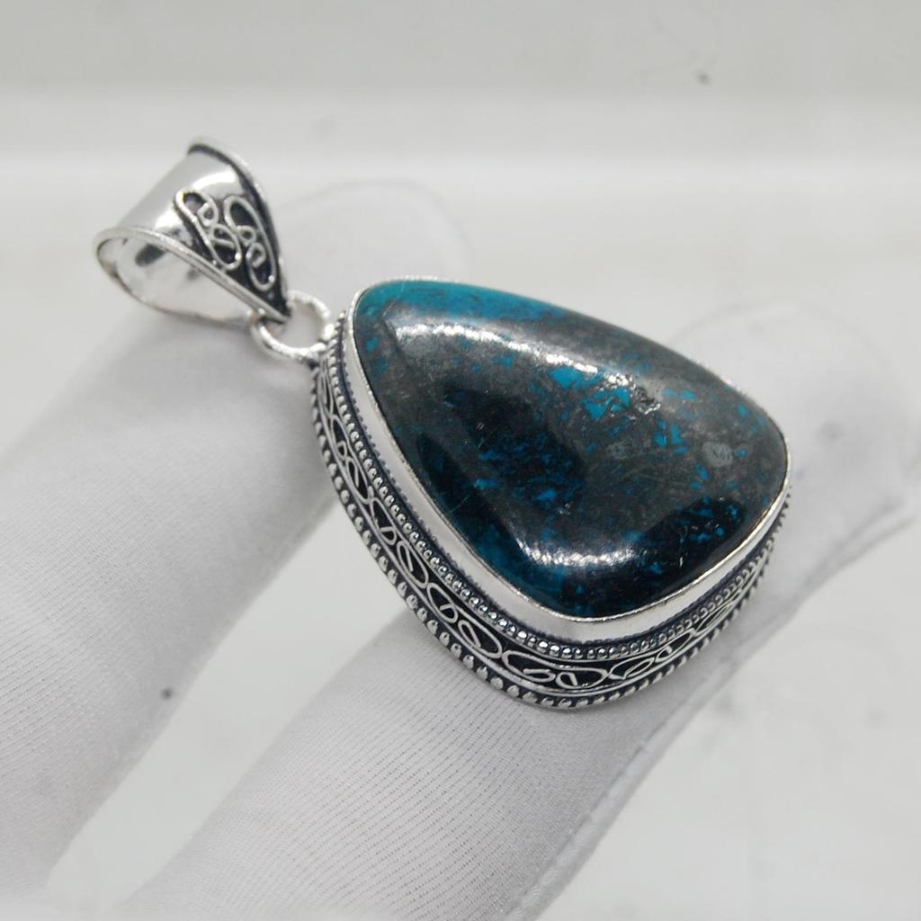 Natural Green Black Chrysocolla Gemstone 925 Sterling Silver Pendant Jewelry, Boho Style Chrysocolla Handmade Ring Jewelry